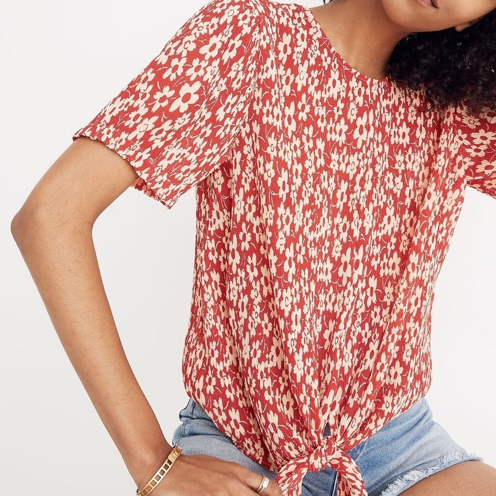 MADEWELL Crinkled Button-Back Tie Tee in Full Bloom Size XS